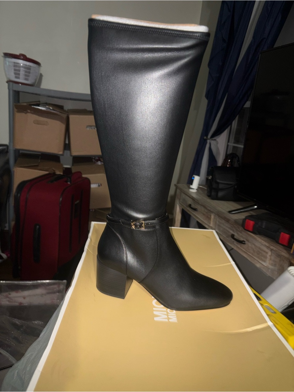 Michael Kors Black Knee-High Block Heel Boot with Ankle Strap
